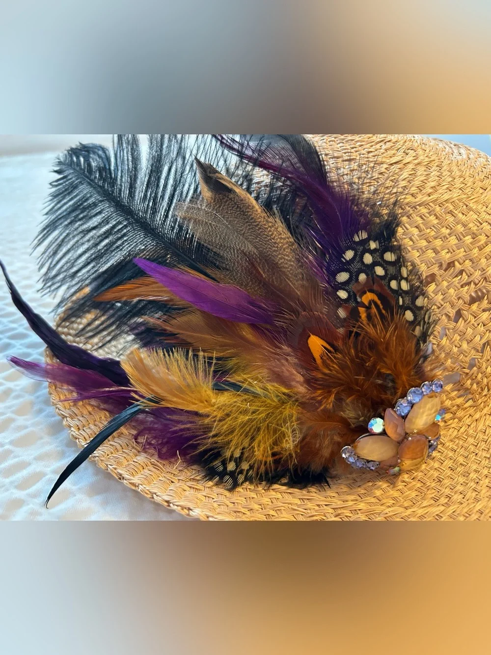 The Isabelle -Handmade Hat Feather pin with vintage brooch - Purple, Brown